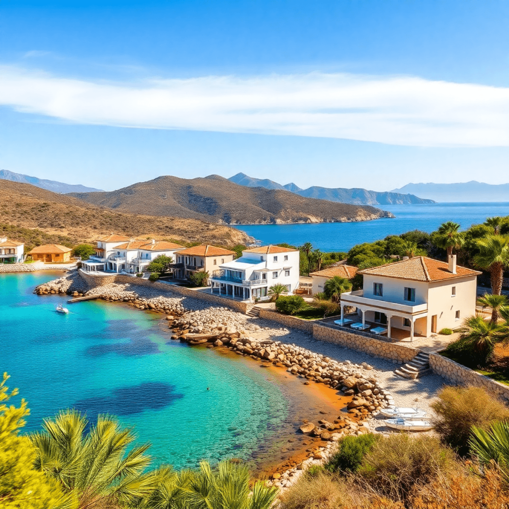 Vibrant coastal scene in Mallorca with beautiful villas, stunning landscapes, and clear blue skies, highlighting the allure of the Spanish real est...